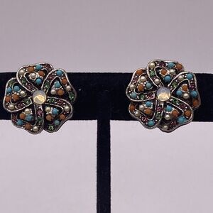Vtg Graziano Clip-on Earrings Colorful Glass Rhinestone Southwestern Colors